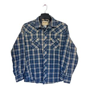 Wrangler Vintage Pearl Snap Shirt Mens Size 2XL Blue Plaid Western Cowboy